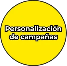 Texto en un círculo amarillo que dice: 'Personalización de campaña'